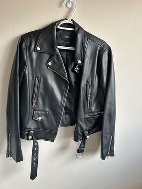 Zara Black Faux Leather Moto Jacket with Silver Hardware
